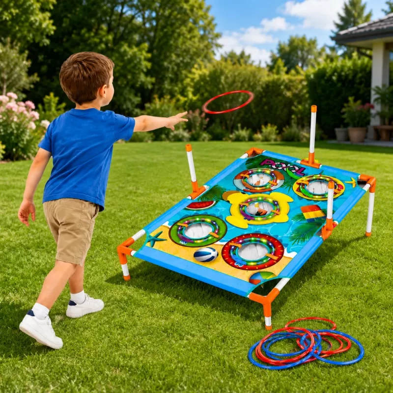 LEAN TOYS 4-in-1 tarkkuusheittopeli laudalla, pusseilla, renkailla, frisbeellä