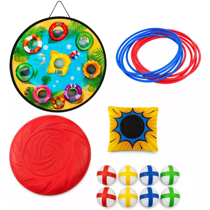 LEAN TOYS 4-in-1 tarkkuusheittopeli laudalla, pusseilla, renkailla, frisbeellä