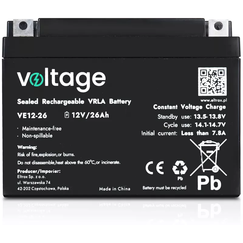VOLTAGE AGM -akku 12V 26Ah VE12-26 (6–9 vuoden käyttöikä)