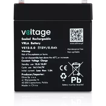 Voltage AGM -akku 12V 5Ah VE12-5.0 (6–9 vuoden käyttöikä)