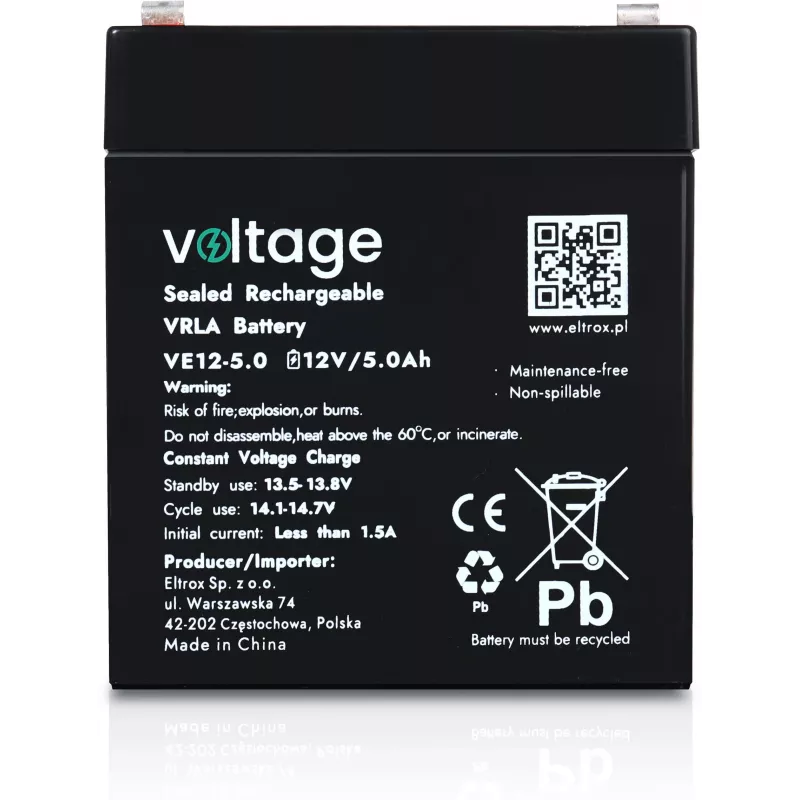 Voltage AGM -akku 12V 5Ah VE12-5.0 (6–9 vuoden käyttöikä)