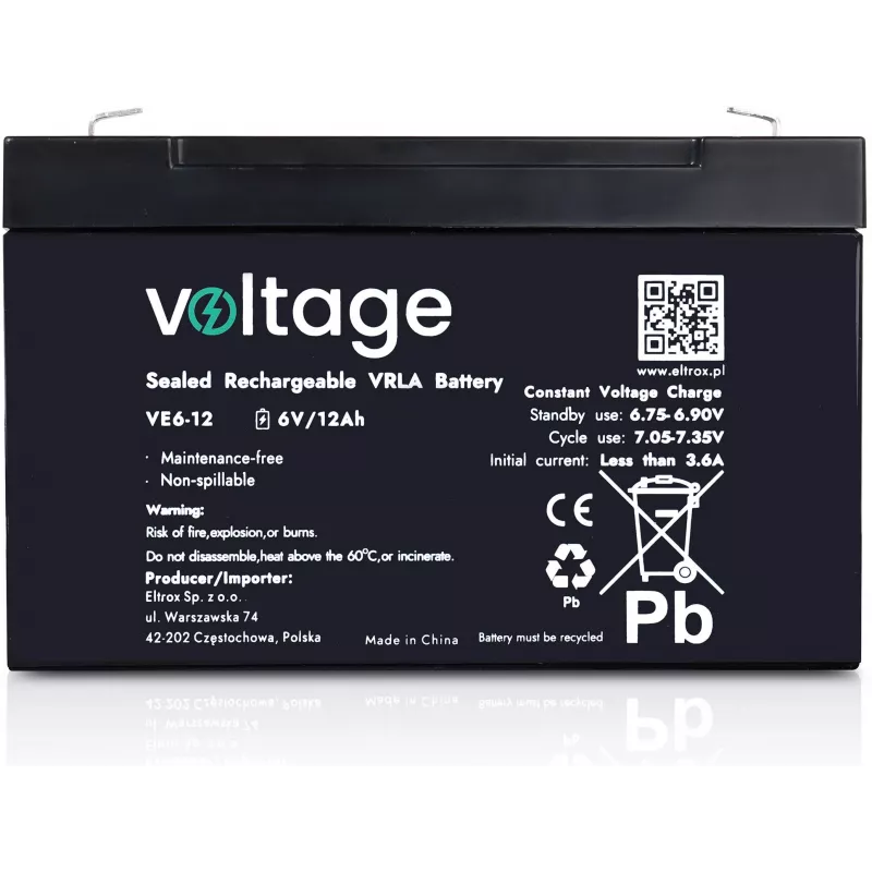 VOLTAGE AGM -akku 6V 12Ah VE6-12 (6–9 vuoden käyttöikä)