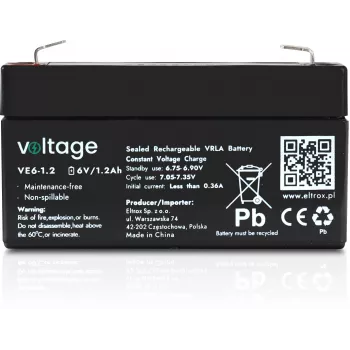 AGM-akku Voltage 6V 1,2Ah VE6-1.2 (suunniteltu käyttöikä 6–9 vuotta)