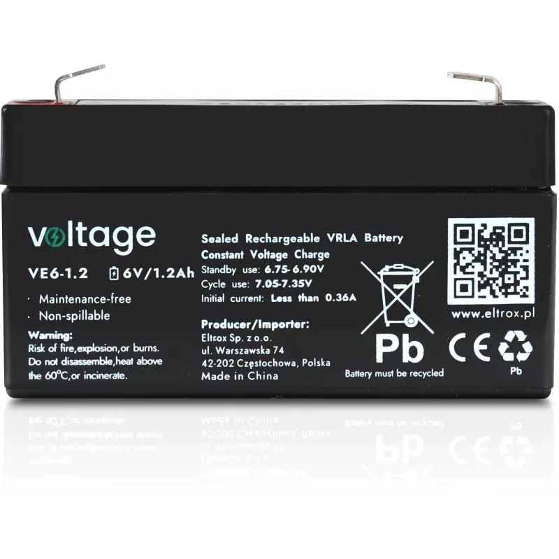 AGM-akku Voltage 6V 1,2Ah VE6-1.2 (suunniteltu käyttöikä 6–9 vuotta)