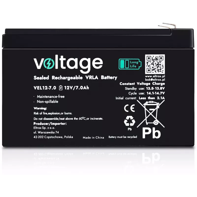 Voltage Long Life AGM -akku 12V 7Ah VEL12-7.0 (15 vuoden suunniteltu käyttöikä)