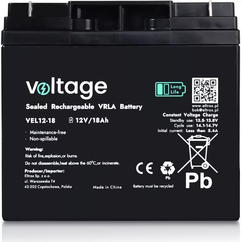 VOLTAGE AGM Long Life -akku 12V 18Ah VEL12-18