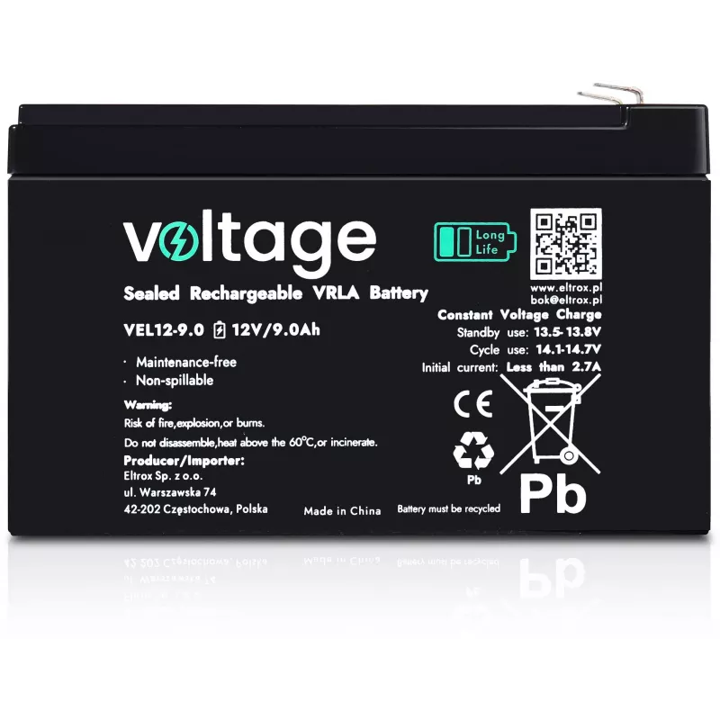 Voltage Long Life AGM -akku 12V 9Ah VEL12-9.0 (15 vuoden suunniteltu käyttöikä)