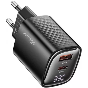 Voltage GaN-laturi Mini 33W PD 3.0 QC 3.0 USB-A USB-C digitaalinäyttö musta