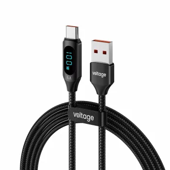 USB-A–USB-C-kaapeli Voltage PowerDisplay 66W 100cm musta