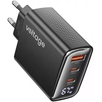 Voltage GaN-laturi 67W PD 3.0 QC 4.0 USB-A 2x USB-C digitaalinäyttö musta