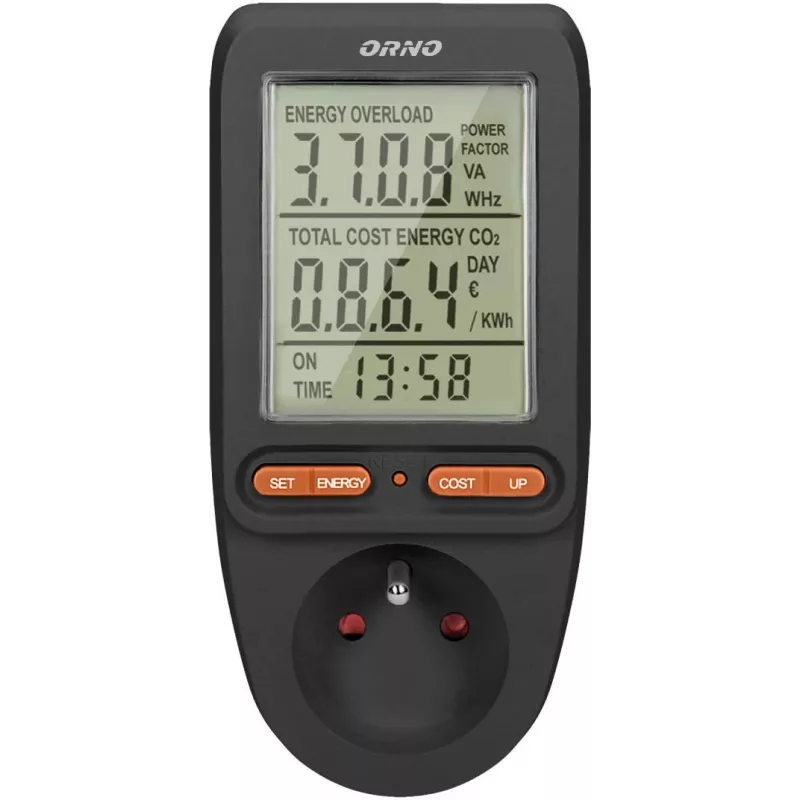 ORNO OR-WAT-435/B energiakustannusmittari ja sähkönkulutusmittari, 230V, 16A, LCD-näyttö, musta
