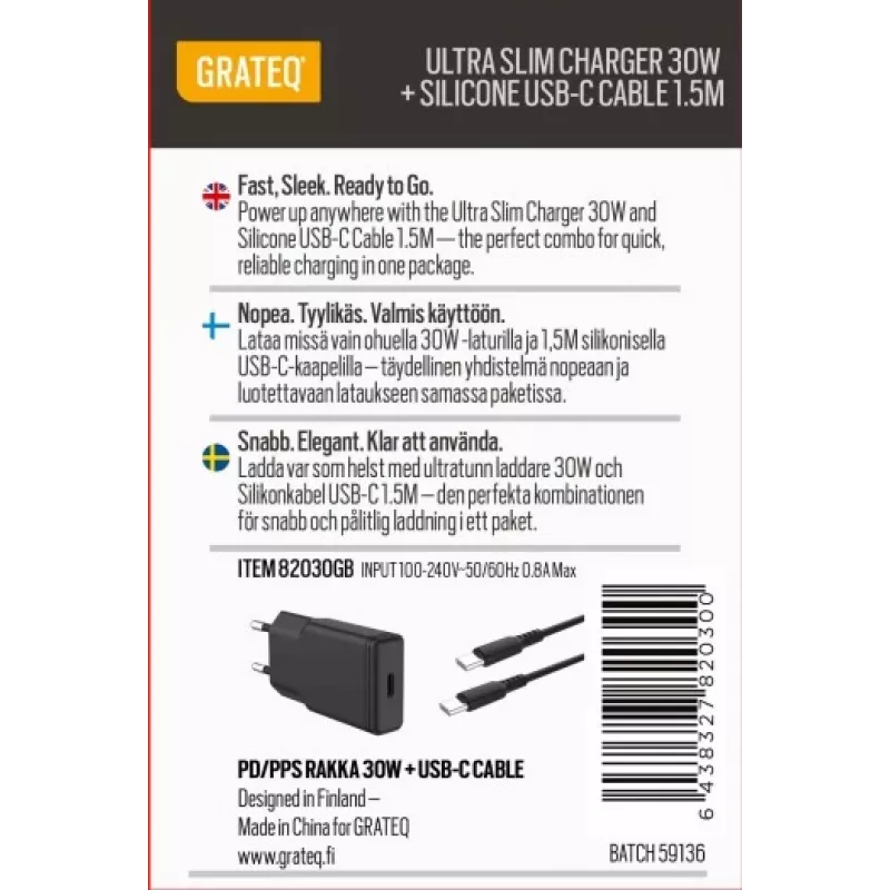 GRATEQ RAKKA CHARGER 30W + CABLE 1.5M BUNDLE MUSTA