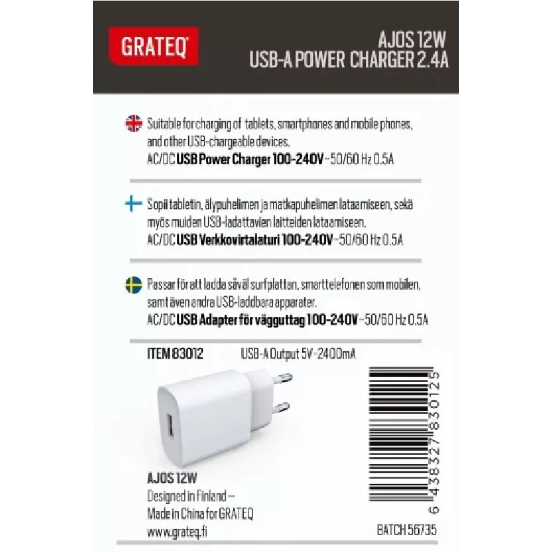 GRATEQ AJOS -laturi USB-A 12W valkoinen