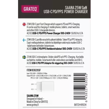 GRATEQ SAANA GaN USB-C 25W PD/PPS -seinälaturi valkoinen