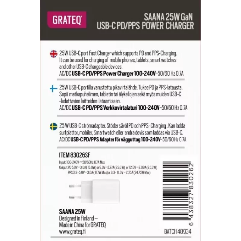 GRATEQ SAANA GaN USB-C 25W PD/PPS -seinälaturi valkoinen