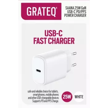 GRATEQ SAANA GaN USB-C 25W PD/PPS -seinälaturi valkoinen