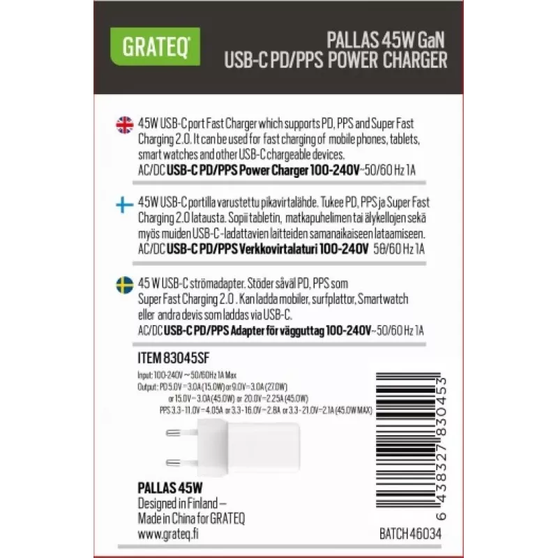 GRATEQ PALLAS GaN USB-C 45W -verkkolaite valkoinen