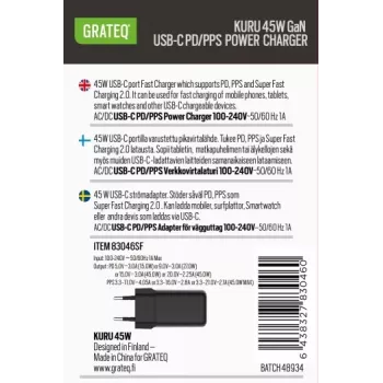 GRATEQ KURU GaN USB-C PD/PPS 45W -seinälaturi musta