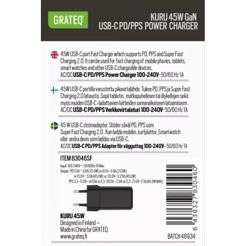 GRATEQ KURU GaN USB-C PD/PPS 45W -seinälaturi musta