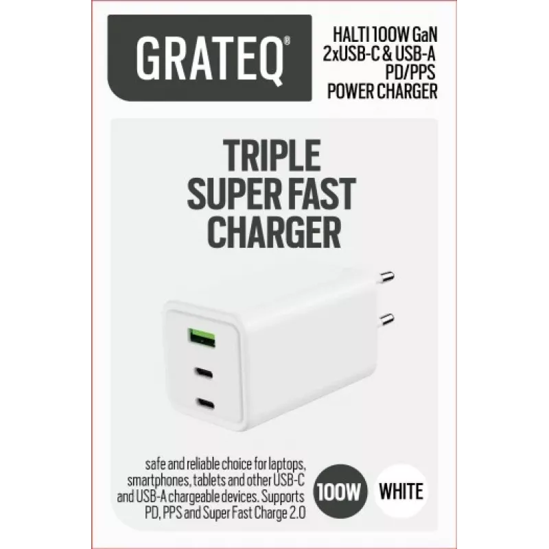 GRATEQ HALTI GaN PD/PPS 2xUSB-C/1xUSB-A 100W -seinälaturi musta