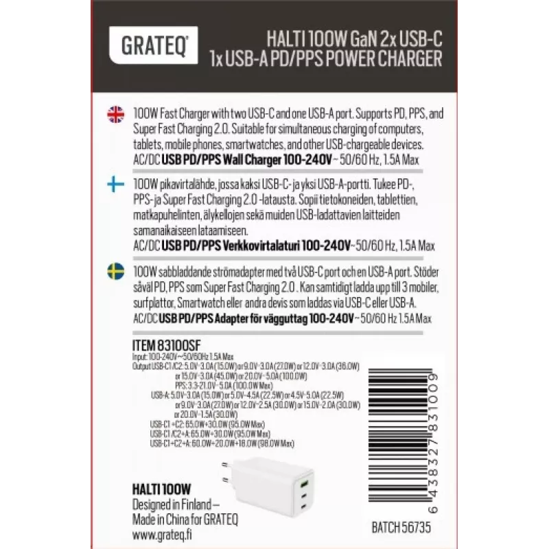 GRATEQ HALTI GaN PD/PPS 2xUSB-C/1xUSB-A 100W -seinälaturi musta