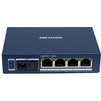 Hikvision DS-3D504TP-A hallitsematon teollisuus-PoE-kytkin, 4 PoE+-porttia, 1 SFP uplink, 60W budjetti