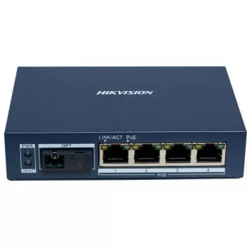 Hikvision DS-3D504TP-A hallitsematon teollisuus-PoE-kytkin, 4 PoE+-porttia, 1 SFP uplink, 60W budjetti