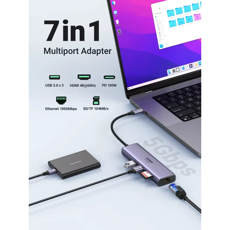 UGREEN 60515 7-in-1 USB-C-hubi, 4K 60Hz HDMI, Ethernet, 100 W PD, harmaa