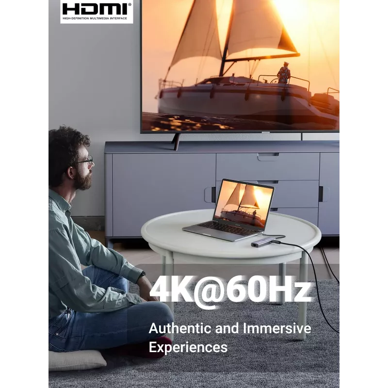 UGREEN 60515 7-in-1 USB-C-hubi, 4K 60Hz HDMI, Ethernet, 100 W PD, harmaa