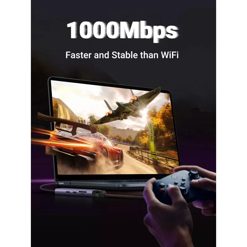 UGREEN 60515 7-in-1 USB-C-hubi, 4K 60Hz HDMI, Ethernet, 100 W PD, harmaa