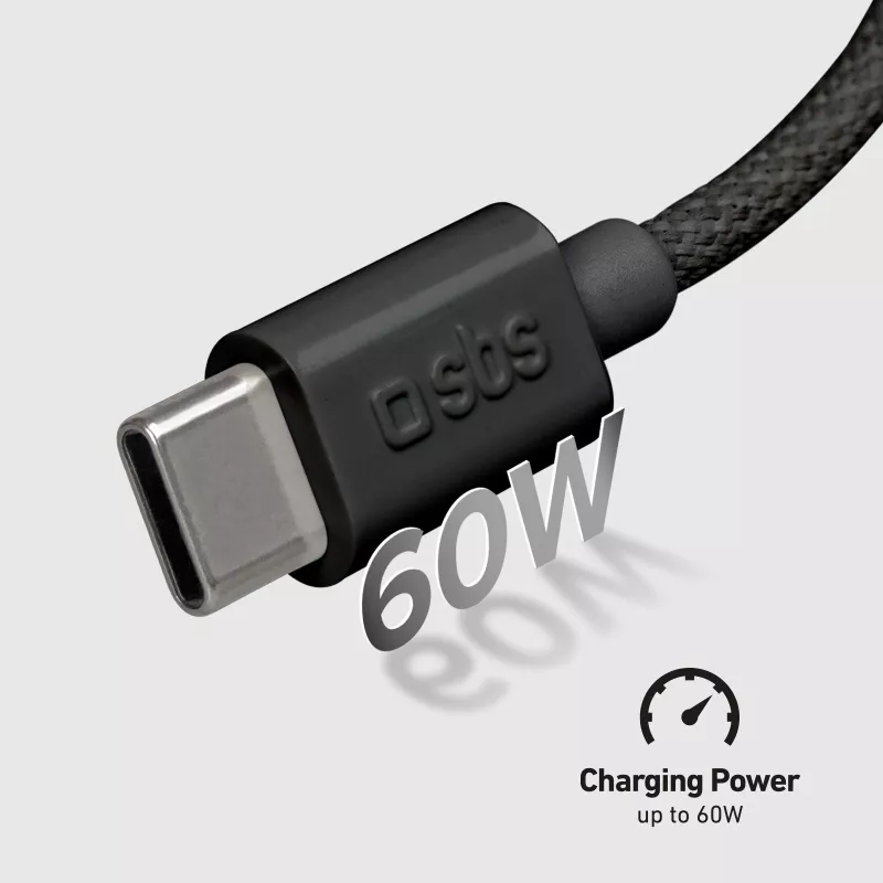SBS TECABLETISSUETCCK USB-C–USB-C punottu kaapeli 1,5 m 60 W PD pikalataus ja tietojen synkronointi – musta