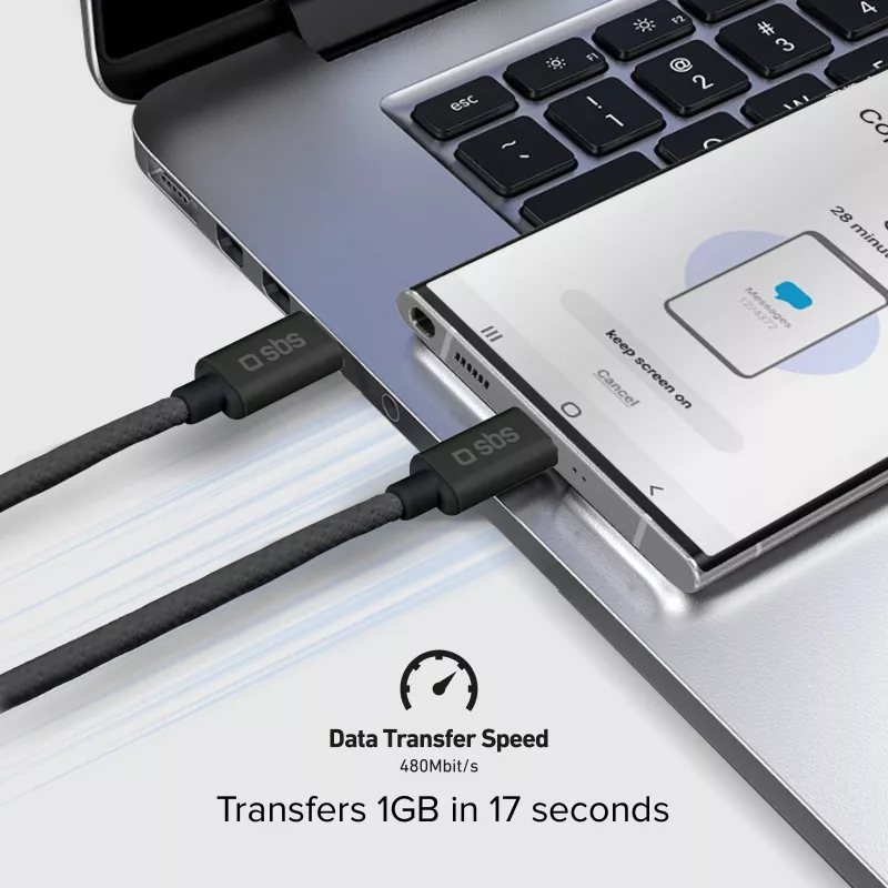 SBS TECABLETISSUETCCK USB-C–USB-C punottu kaapeli 1,5 m 60 W PD pikalataus ja tietojen synkronointi – musta