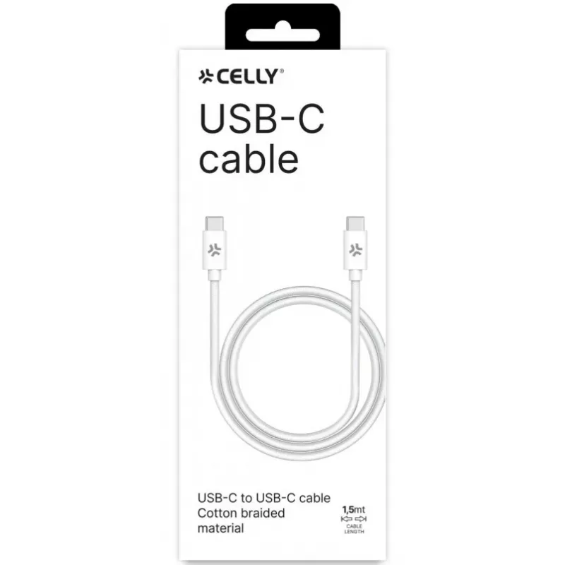 CELLY USBCUSBCCOTT - USB-C USB-C puuvillapäällysteinen kaapeli valkoinen (Power Delivery)