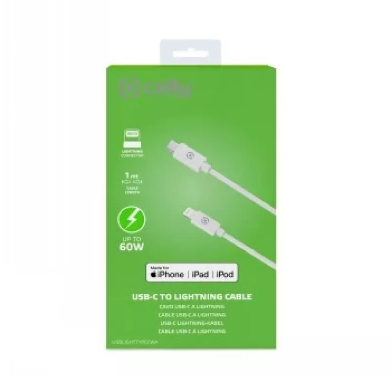 CELLY Lightning USB-C kaapeli 60W - 1,2m valkoinen MFi-sertifioitu