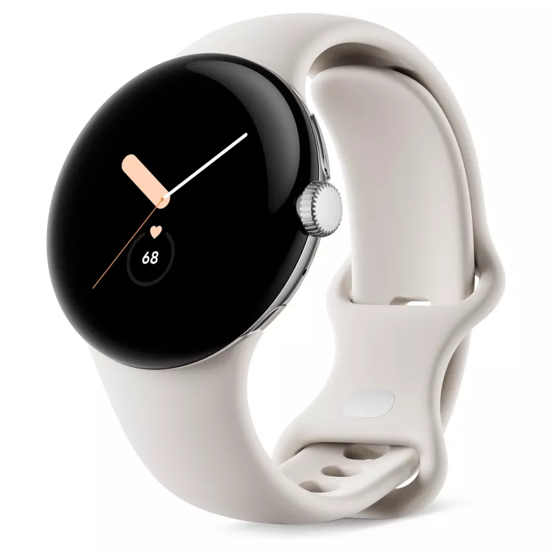 Google Pixel Watch Polished Silver ruostumaton teräs 41mm Chalk Active -ranneke