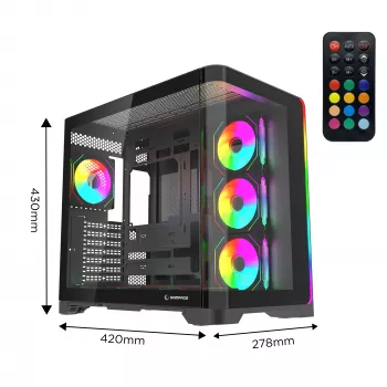 Rampage LYRON Mid Tower -pelikotelotietokone, 7x ARGB PWM -tuuletinta, Tempered Glass, musta