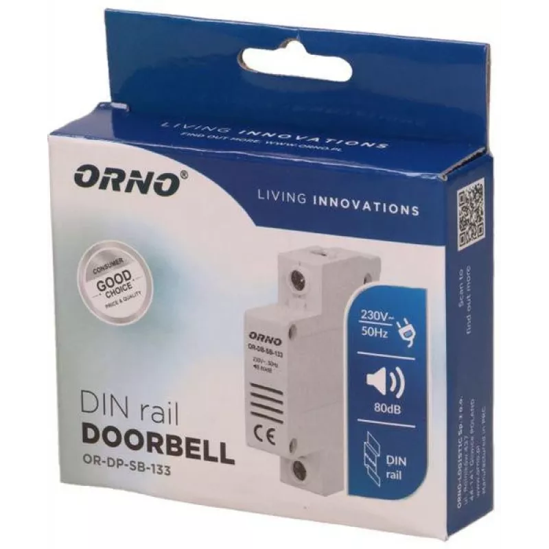 ORNO OR-DP-SB-133 langallinen ovikello, DIN-kisko 1 moduuli, 230V AC, 85 dB, valkoinen/harmaa