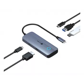 IcyBox IB-DK4081-SO Spade Dock 4081 5-in-1-matkatelakka Off-Screen-lataustoiminnolla, USB-C, HDMI 4K, Gigabit Ethernet, 2x USB-A, 100W PD, alumiini