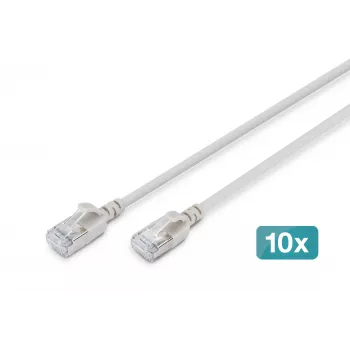 DIGITUS CAT 6A F-FTP Slim -verkkokaapeli, 0,3 m, harmaa, 10 kpl:n pakkaus, 10 Gbit/s, 500 MHz, LSZH