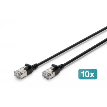 DIGITUS CAT 6A F-FTP Slim -verkkokaapeli, 0,5 m, musta, 10 kpl:n pakkaus, LSZH, 10Gbps, RJ45