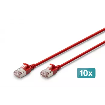 DIGITUS CAT 6A F/FTP Slim -verkkokaapeli, 0,5 m, punainen, 10 kpl:n pakkaus, LSZH, 10 Gbit/s