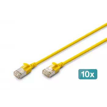 DIGITUS CAT 6A F-FTP Slim -verkkokaapeli, 0,5 m, keltainen, 10 kpl:n pakkaus, LSZH, 10Gbps, 500MHz, 28AWG kupari, kullatut RJ45