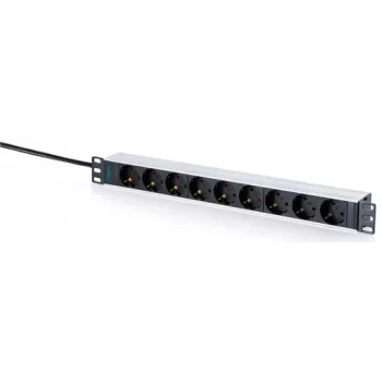DIGITUS 9-osainen Schuko-pistorasia, alumiiniprofiili, 1U räkkiasennus, 2 m kaapeli, 16A, 3680W, musta/hopea