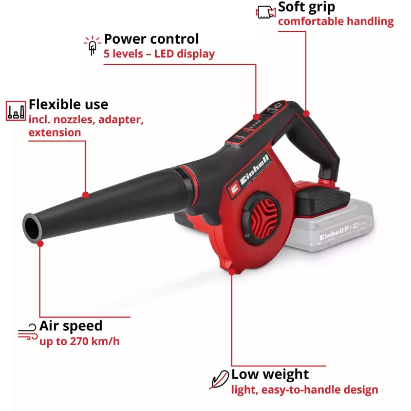 Einhell Power X-Change akku-lehtipuhallin TE-CB 18/270 Li - Solo (18 V, punainen/musta, ilman akkua)