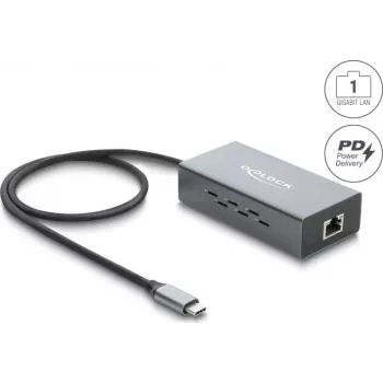 Delock USB Type-C Gigabit Ethernet -verkkosovitin RJ45 PoE- ja USB Power Delivery -tuella