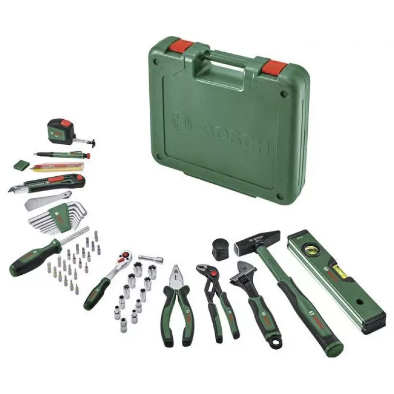 Bosch 63-osainen käsityökalusarja vihreässä työkalulaukussa
