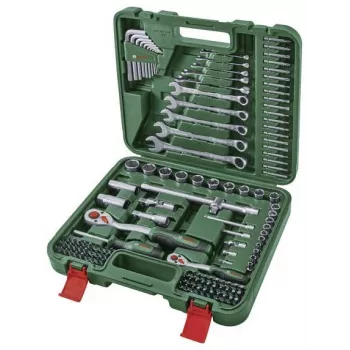 BOSCH POWERTOOLS 134-osainen DIY-työkalusarja vihreässä laukussa käsityökaluilla, terillä, kiinnitystarvikkeilla ja lisävarusteilla