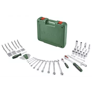 BOSCH POWERTOOLS 134-osainen DIY-työkalusarja vihreässä laukussa käsityökaluilla, terillä, kiinnitystarvikkeilla ja lisävarusteilla