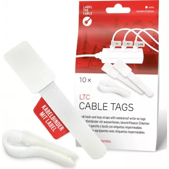 LABEL THE CABLE LTC 2620-10 uudelleenkäytettävät tarranauhalliset kaapelikiinnikkeet ja integroidut tarrat, valkoinen, 10 kpl:n pakkaus