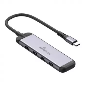 MEDIARANGE MRCS512 USB-C-keskitin 4-porttinen 3x USB-C 3.2 Gen 1 + 1x PD 100W hopea